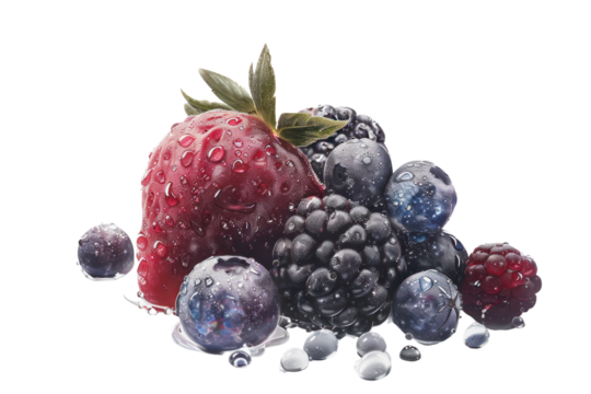 A photorealistic depiction of a handful of freshly picked berries, glistening with dewdrops and showcasing their natural imperfections, captured against a soft,  isolated on white background