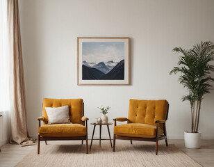 Two armchairs in room with white wall and big frame poster on it. Scandinavian style interior design of modern living room.