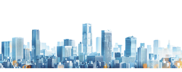 Panoramic view of a modern city skyline with towering skyscrapers on a clear day, representing urban development and architectural excellence.