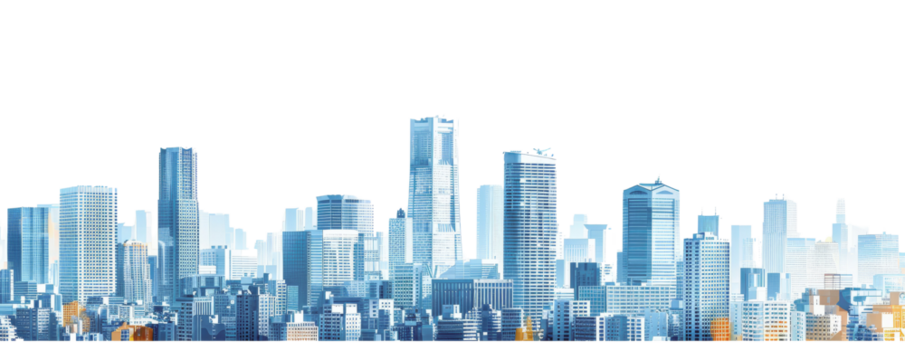 Panoramic view of a modern city skyline with towering skyscrapers on a clear day, representing urban development and architectural excellence.