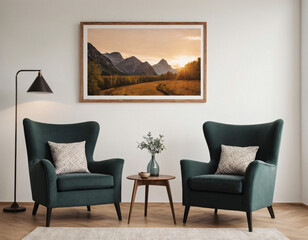 Two armchairs in room with white wall and big frame poster on it. Scandinavian style interior design of modern living room.