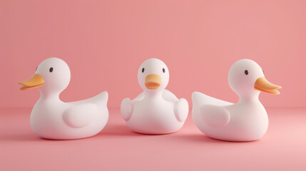 Three white rubber ducks arranged in a playful sequence on a soft pink background, ideal for children's themes.