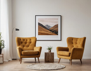 Two armchairs in room with white wall and big frame poster on it. Scandinavian style interior design of modern living room.