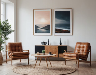 Fototapeta premium Two armchairs in room with white wall and big frame poster on it. Scandinavian style interior design of modern living room.