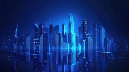 Modern skyscrapers of a smart city, futuristic financial district, graphic perspective of buildings and reflections - Architectural blue background for corporate brochure template