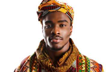 A photo of a handsome African American man dressed in traditional African attire, showcasing his cultural heritage and pride. isolated on white background