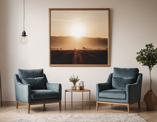 Two armchairs in room with white wall and big frame poster on it. Scandinavian style interior design of modern living room.