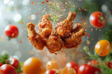 Fried Chicken Seasoned with Rosemary, Chili, Pepper, and Tomato