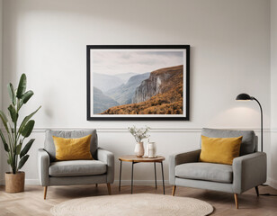 Two armchairs in room with white wall and big frame poster on it. Scandinavian style interior design of modern living room.