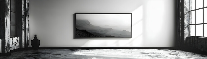 High Resolution Black Landscape Frame Mockup on White Wall for Monochrome Photography or Modern Art Display