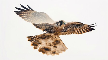 Fototapeta premium A double exposure image of a falcon silhouette filled with a detailed desert landscape The falcon
