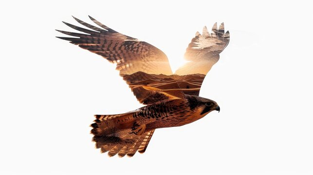 recommend clip art: A double exposure image of a falcon silhouette filled with a detailed desert landscape The falcon