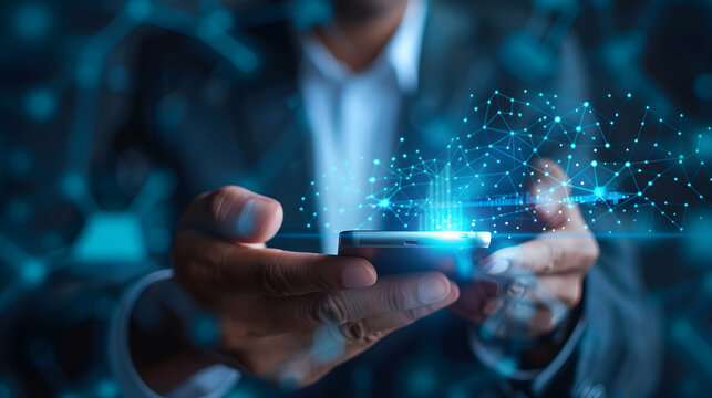 "Professional businessman using mobile payment app concept in high resolution image with glossy backdrop, showcasing convenience and efficiency of digital transactions in professio