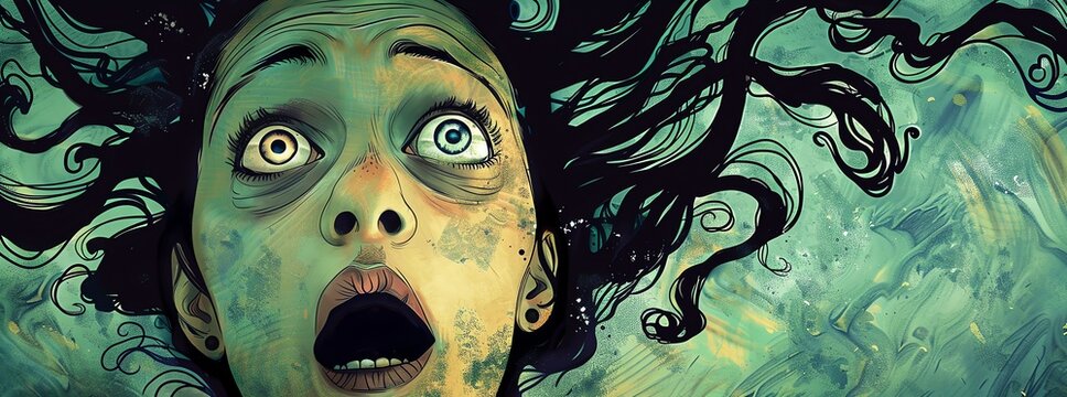 Surreal portrait of a woman with wide eyes and flowing hair against an abstract background, conveying emotion and intrigue.