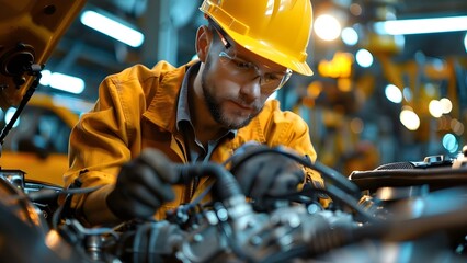 Professional mechanic working on car engine in auto repair shop. Concept Mechanic, Auto Repair Shop, Car Engine, Professional Service, Vehicle Maintenance