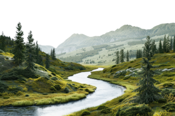 A meandering river flowing through a picturesque valley, with the treeline adorning the hillsides in a tapestry of greens, depicted in lifelike photorealism and isolated on white background.
