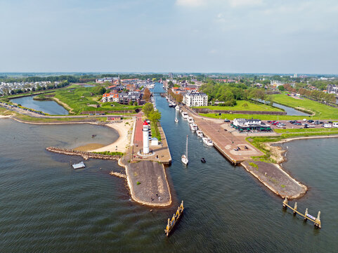 Aerial from the town Hellevoetsluis with the lighthouse in the Netherlands