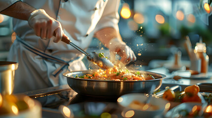 Hands On Culinary Learning: Chef Teaching a Cooking Class with Glossy Backdrop   High Resolution Image Emphasizing Realistic Cooking Experience and Culinary Skills Development