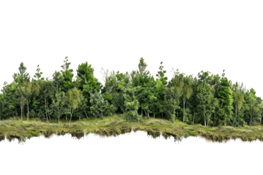 A majestic treeline marking the edge of a vast, untouched wilderness,Isolated on white background