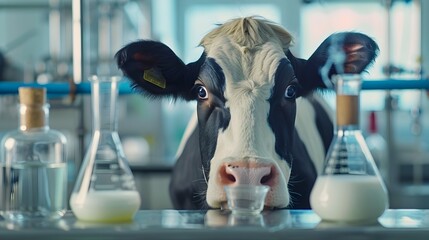 Cow Startled by Lab Grown Milk in Scientific Beaker on Tabletop