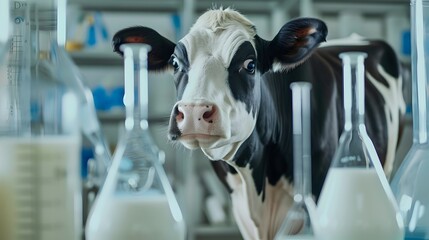 Cow Looking at Lab Grown Milk in Scientific Beaker in Digital Agricultural Research Facility