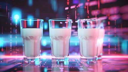 Glasses of Milk Amid Glowing Digital Backdrop Symbolizing Technological Nourishment