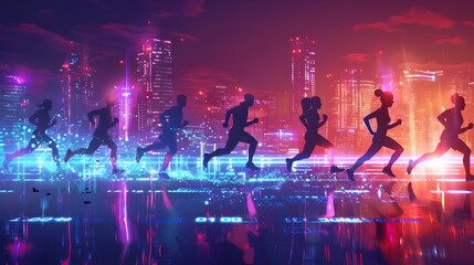 Neon Lit Silhouettes Racing Through a Futuristic Cityscape
