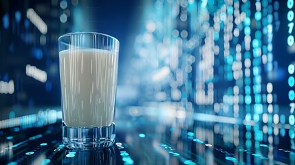 Nourishing Technology A Futuristic Take on World Milk Day with Floating Data Streams and Cyber Inspired Ambiance