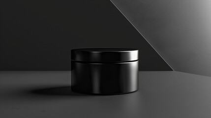 A black jar sits on a grey surface