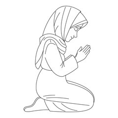 Cute girl in headscarf praying on knees with closed eyes, reading prayer, hand-drawn, line art vector illustration, white background