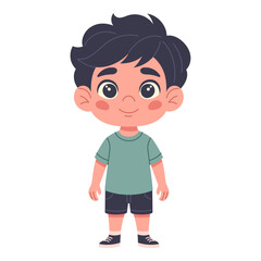 Cute boy front view, funny, cheerful, hand-drawn. Children character in cartoon style for card design, decor, print and kids collection