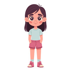 Sweet girl in full height wearing shorts and t-shirt, hands in pockets, hand-drawn, flat vector illustration