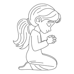 Sweet little girl praying on knees, hand-drawn, line art vector illustration, white background