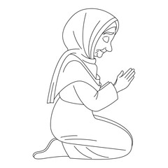 Grandmother praying on knees, hand-drawn, line art vector illustration, white background
