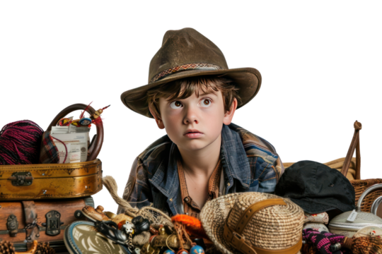 A curious boy, exploring a treasure trove of props and costumes ,isolated on white background.