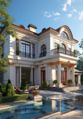 Fototapeta premium Luxury Villa with Pool in Serene Garden Oasis