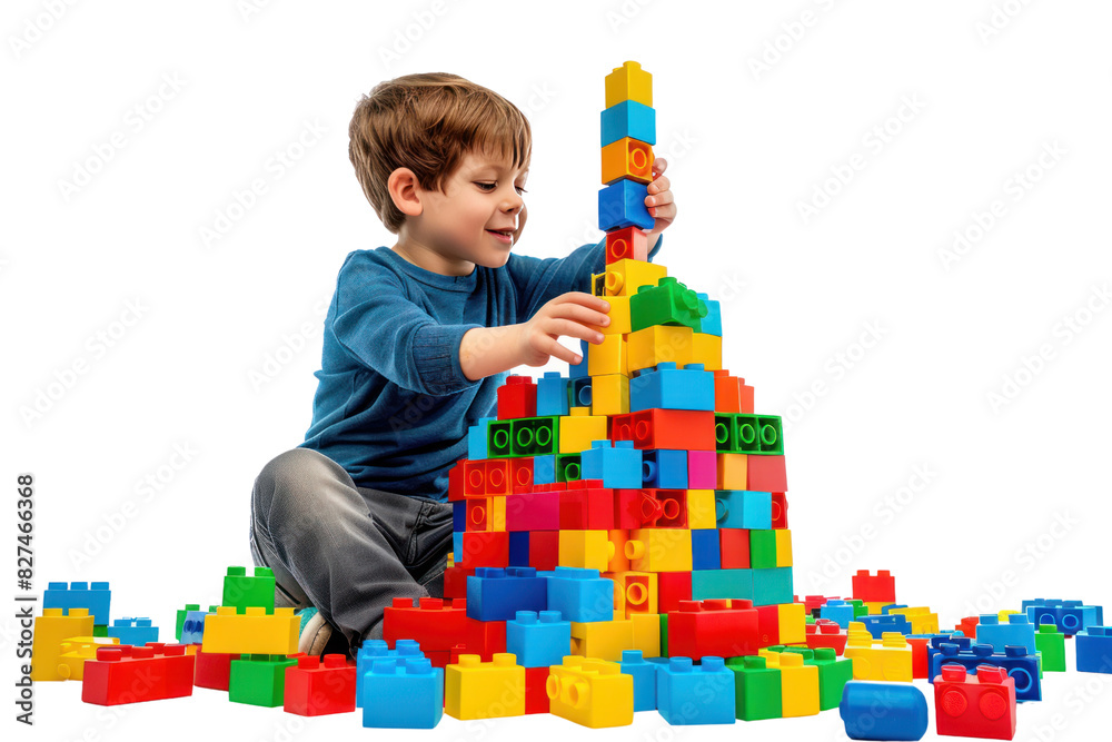 Wall mural a creative boy with a pile of building blocks, constructing a towering castle of dreams in a playful