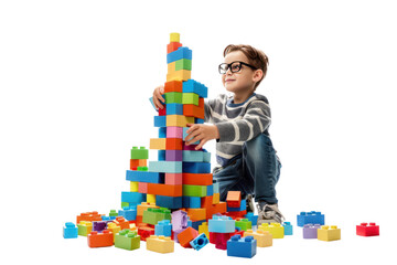 A creative boy with a pile of building blocks, constructing a towering castle of dreams in a playful studio setting. ,realistic photos isolated on white background