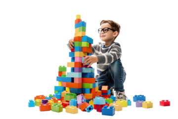 A creative boy with a pile of building blocks, constructing a towering castle of dreams in a playful studio setting. ,realistic photos isolated on white background