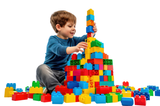 A creative boy with a pile of building blocks, constructing a towering castle of dreams in a playful studio setting. ,realistic photos isolated on white background