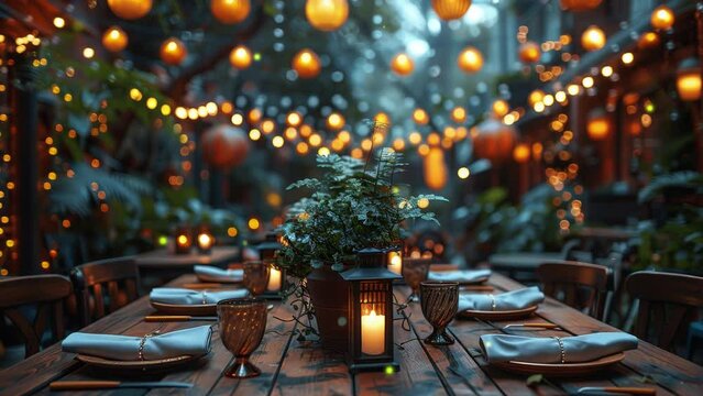 Elegant outdoor dining setup with fairy lights and lanterns creating a cozy and enchanting atmosphere, perfect for evening gatherings.