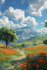 Fototapeta premium Wonderful Mountain and Poppy Meadow