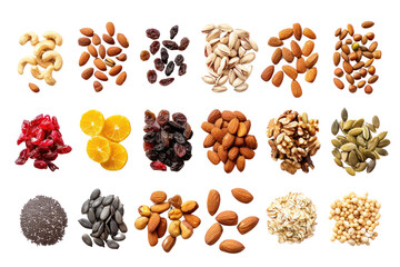 Obraz premium A collection of healthy snacks, including nuts, seeds, and dried fruits, arranged on a white background in a photorealistic manner. isolate on white background.