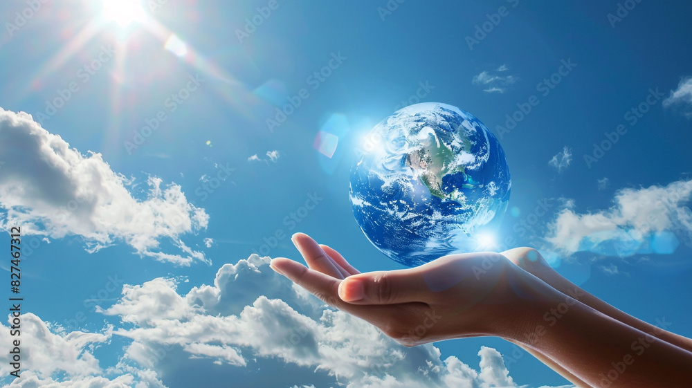 Wall mural hands holding the earth planet on blue sky background, world environment day concept