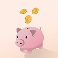 pink piggy bank with three golden coins falling on top, concept of savings, financial investment and success