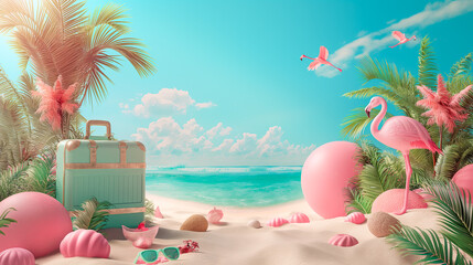 Tropical beach scene with pink flamingos, suitcase, and summer vacation items © tapong117