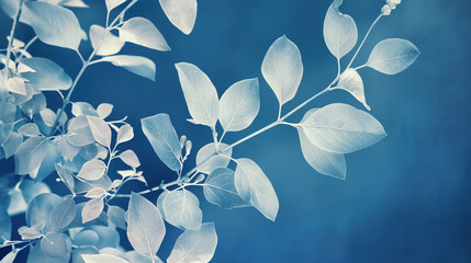 Beautiful white leaves on a blue background, with light and dark shades of blue and gray, ethereal details depicted cyanotype