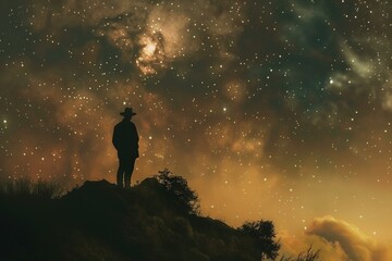 Lone cowboy stands on a hill gazing at a vast, starcovered night sky, evoking a sense of adventure