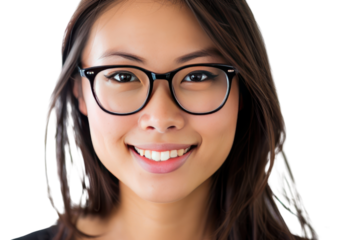 A close-up portrait of a young Asian woman, her smile illuminating her face, her glasses adding a touch of sophistication, isolated on a white background.
