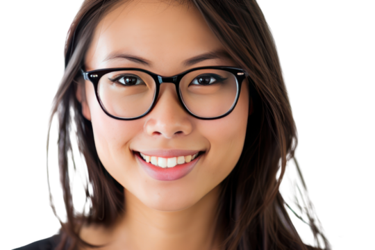 A close-up portrait of a young Asian woman, her smile illuminating her face, her glasses adding a touch of sophistication, isolated on a white background.